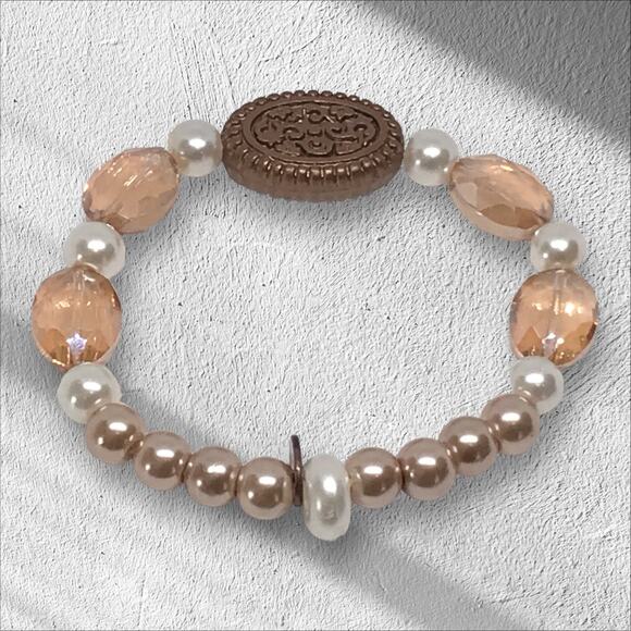 Handmade Bracelet Elegant Champagne & White Glass Pearls Stretchy Statement - Picture 3 of 4